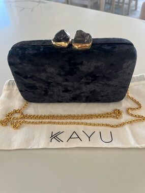KAYU Black Crushed Velvet Clutch Crossbody Shoulder Bag w/ Raw Stone Agate Clasp